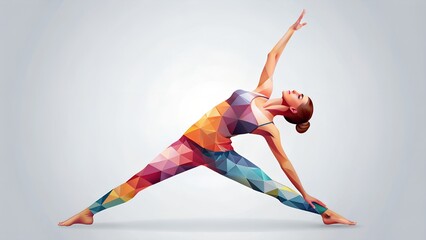 Yoga pose Triangle in a colorful geometric style with a calm and focused expression