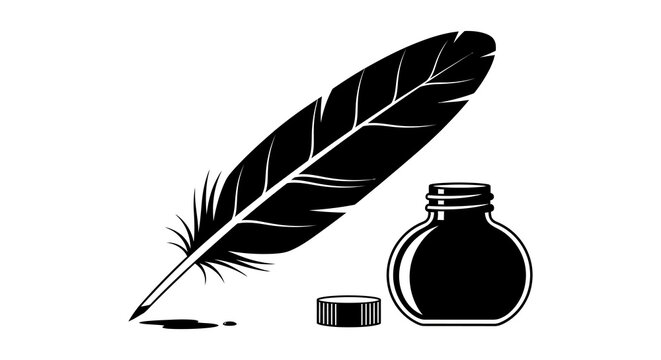 A black quill pen rests beside a small inkwell on a white background