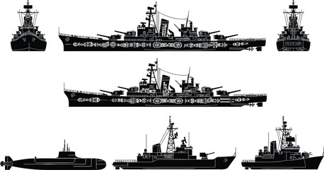 Battleship and naval warship silhouette vector set, detailed military ships and submarine side views isolated on white background for maritime defense design © Munni