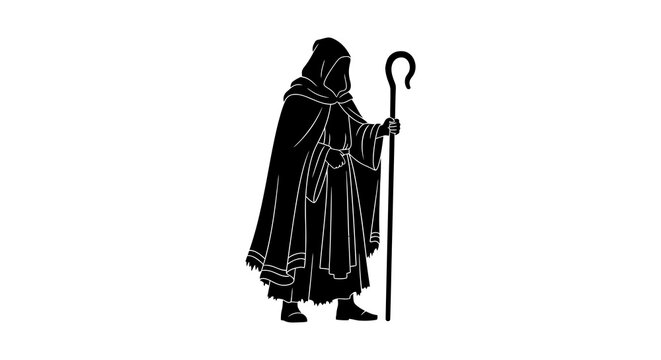Silhouette of a shepherd with a staff depicted in a simple black design