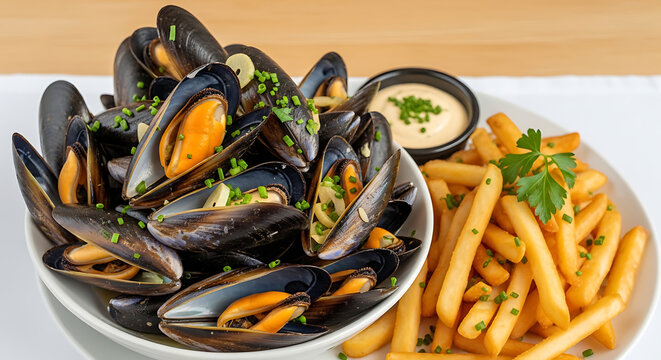 Traditional Belgian Moules Frites - Steamed Mussels with Garlic, Herbs and Crispy French Fries