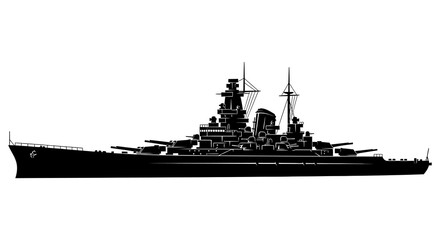 Black silhouette of a large battleship against a plain white background © Apon