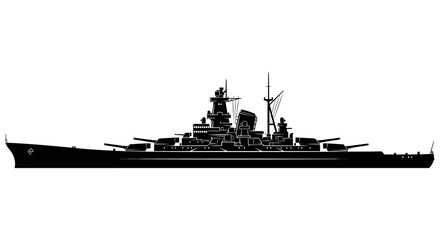 Silhouette of a large battleship against a plain white background © Apon