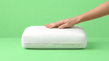 Fototapeta premium Ergonomic Animation Comfort Hand Pressing Soft White Pillow on Bright Green Background