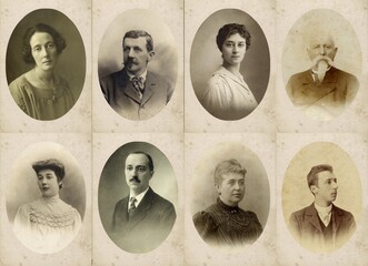 RACCOLTA DI FOTOGRAFIE ANTICHE DI UOMINI E DONNE IN POSA ALL'INTERNO DI CORNICI OVALI © blantiag