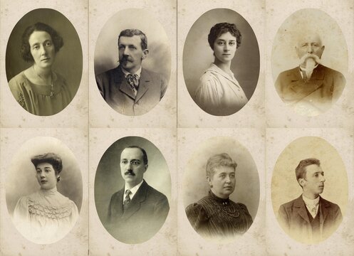 RACCOLTA DI FOTOGRAFIE ANTICHE DI UOMINI E DONNE IN POSA ALL'INTERNO DI CORNICI OVALI
