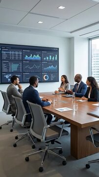 Business team reviews data charts on large screen in modern conference room
