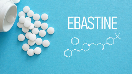 Ebastine antihistamine medication for allergy relief, tablets for seasonal allergic rhinitis and urticaria, pharmaceutical concept, healthcare and medical treatment