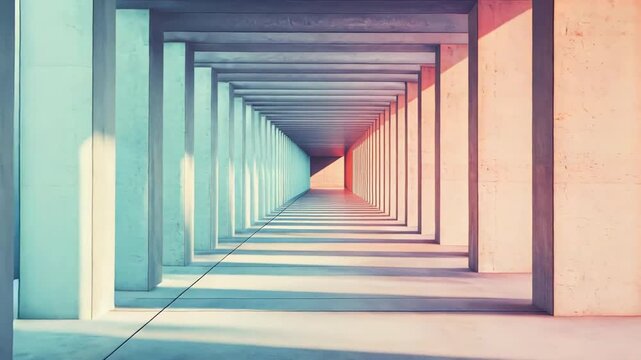 Concrete corridor of repeating pillars and beams stretching to a vanishing point, minimalist geometric shadows and a dramatic blue to red gradient light creating a futuristic depth