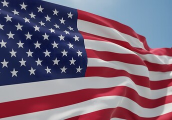 Obraz premium Waving American flag with stars and stripes in a blue sky providing a patriotic backdrop