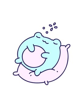 attention grabbing animation of cartoon of a cute frog sleeping on a pillow