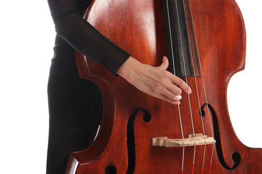 Woman playing double bass on white background, closeup