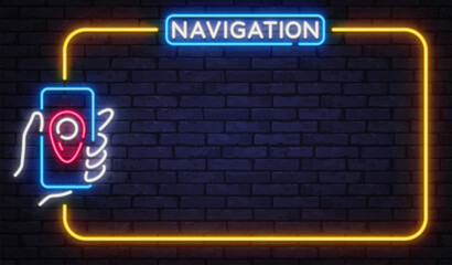 Neon navigation sign with smartphone and location pin on brick background. Modern glowing style supports maps, travel, and direction themes. © Ivan