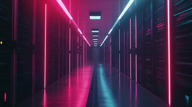 Server room corridor with data racks illuminated by vibrant neon lights, symbolizing modern cloud computing, digital information, and secure data storage in a futuristic environment