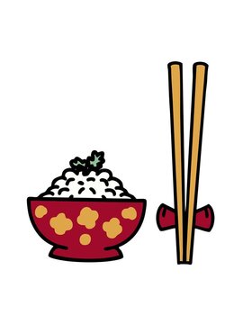 jiggle motion animation of japanese rice in patterned bowl with chopsticks