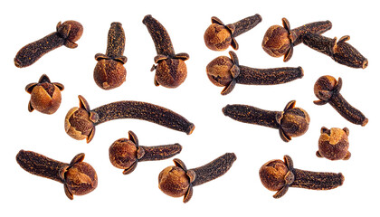 Close-up of numerous small, brown, aromatic spice buds scattered across a dark background, showcasing their intricate details