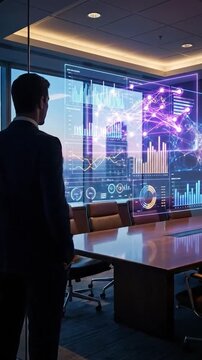 Businessman reviews glowing data charts in futuristic glass room.
