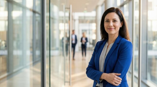 Professional woman posing in contemporary workplace corridor