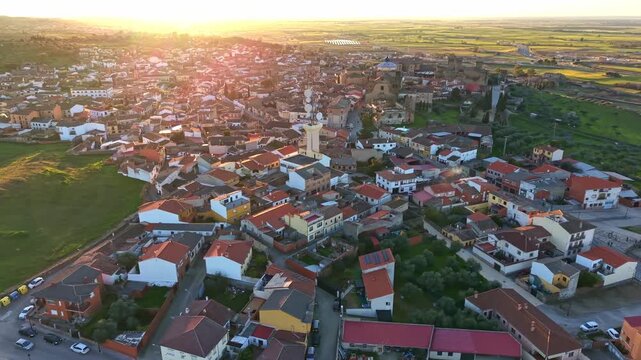 Aerial images of Oropesa in the province of Toledo, during sunset on a clear day, 1-inch sensor, 4k 30fps