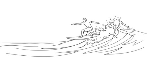 A continuous single line drawing of a surfer riding a wave, representing adventure and sports freedom, line art style illustration.