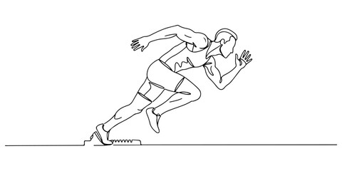 A continuous single line drawing of a sprinter at the starting line, symbolizing anticipation and athletic focus, line art style illustration.