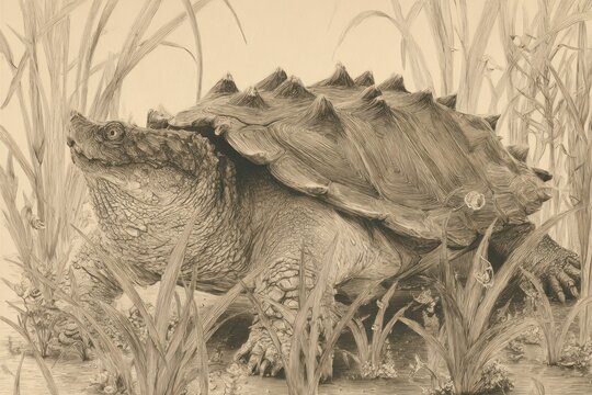 Sepia-toned pencil drawing of a large alligator snapping turtle among tall blades of grass