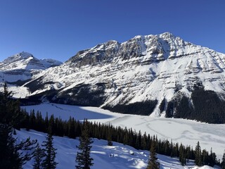 Frozen lake in beautiful mountains covered in snow on winter day