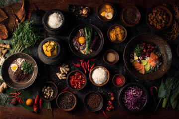 A vibrant spread of authentic Korean cuisine served in numerous bowls, showcasing the variety and colors of traditional side dishes and main courses.
