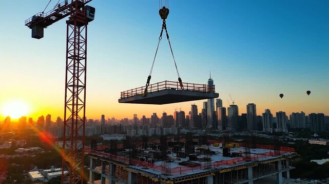 Construction site crane lifting building component at sunrise