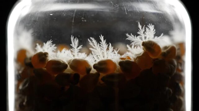 Close up detl of backlit popcorn kernels showing early signs of sprouting within a clear glass jar