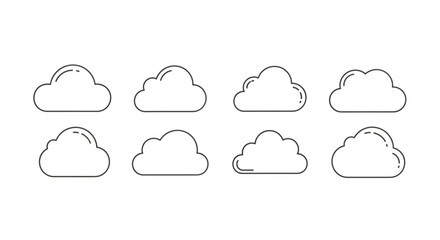 Obraz premium Set of eight different cloud shapes in simple line art style varying in form and outline on a white background ideal for weather or sky themes