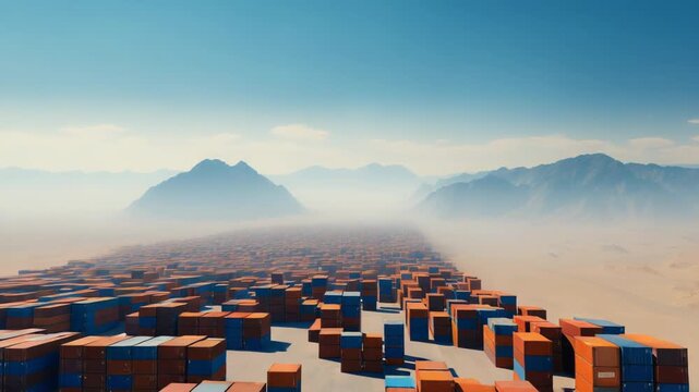 Shipping containers spreading across a vast desert landscape with distant mountains shrouded in haze, representing global trade, supply chain challenges, and logistical distribution in remote areas