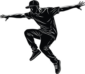 Naklejka premium Black silhouette of a young male street dancer jumping in midair with arms outstretched isolated on white background for lifestyle.