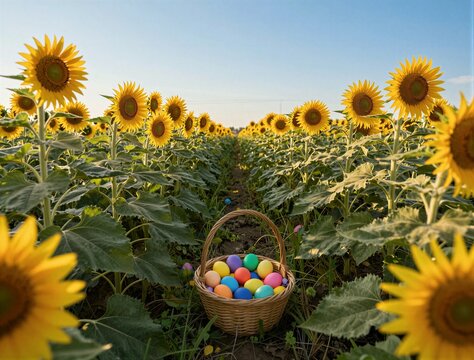 Basket of colorful eggs placed in sunflower field