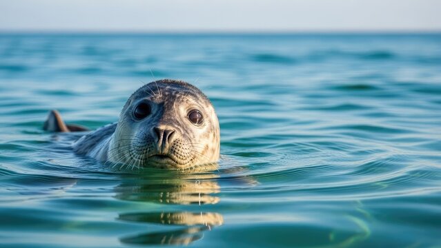 A seal swims in the ocean with a calm and serene expression