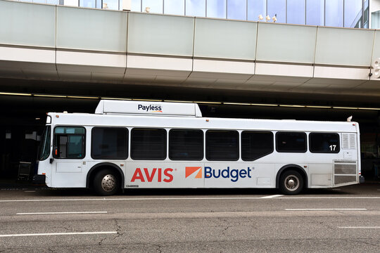 Los Angeles, California &ndash; November 20, 2025: Shuttle bus to AVIS, BUDGET and PAYLESS Rent a Car at LAX Los Angeles International Airport