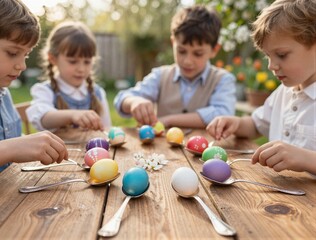 Obraz premium Children balancing easter eggs on spoons at outdoor table