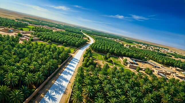White road cutting through green date palm oasis in Qassim at daytime