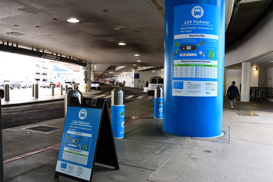 Los Angeles, California &ndash; November 20, 2025: LAX FlyAway bus stop for Union Station and Van Nuys routes at Los Angeles International Airport