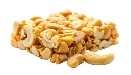 Close-up studio shot of cashew brittle. Golden caramel binds whole and broken cashews. The food product sits against a transparent background