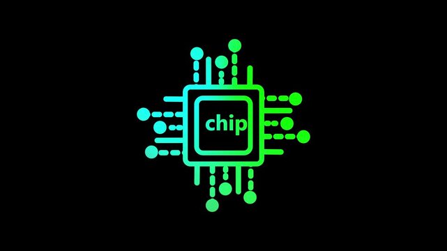 A stylized square microchip with radiating lines and circular nodes in a vibrant gradient from bright cyan to green, featuring the word chip in white text within its central square, set against a