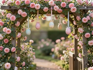 Rose covered garden arch with hanging decorated eggs