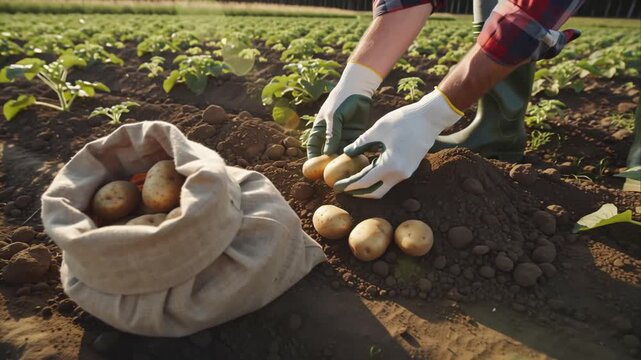 A farmer's hands picking potatoes from the ground on a farm