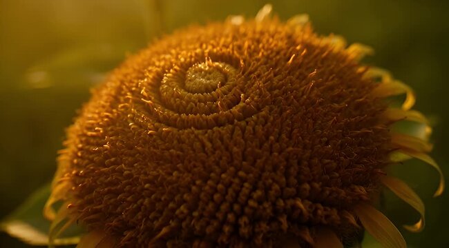 Intricate golden sunflower head showcasing spiral pattern of disk florets detail