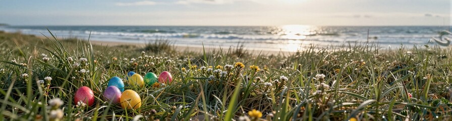 Naklejka premium Colorful easter eggs nestled in dune grass by shoreline