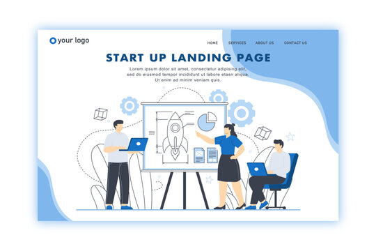 Startup team collaborating on a business project launching rocket illustration