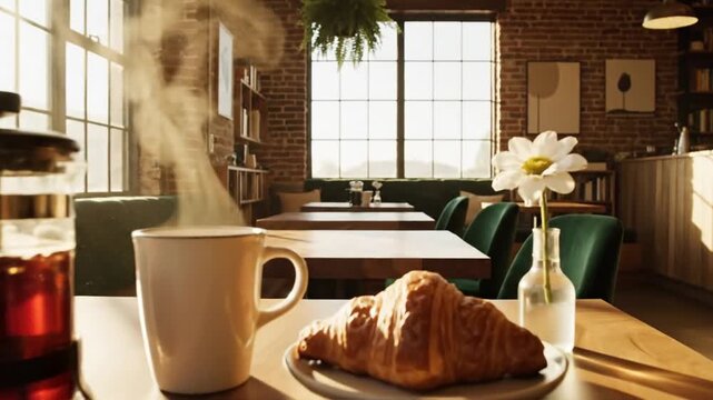 Breakfast scene with coffee and croissant on wooden table near windows