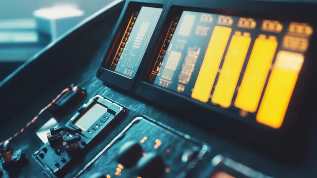 Futuristic control panel featuring a glowing screen displaying data and graphs, alongside various illuminated buttons and switches, creating an advanced technological interface in a sci fi setting