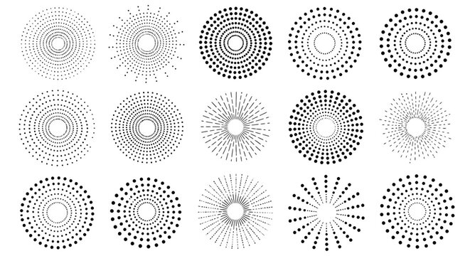 Collection of diverse radial burst effect elements and concentric designs