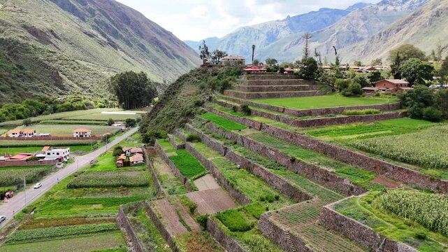 Aerial view of terraces in the Sacred Valley of the Incas in Cusco, Peru